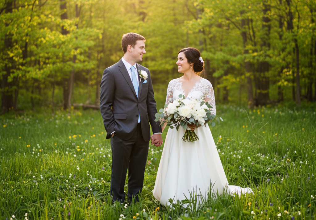 A male and female couple poses while kissing on their wedding day